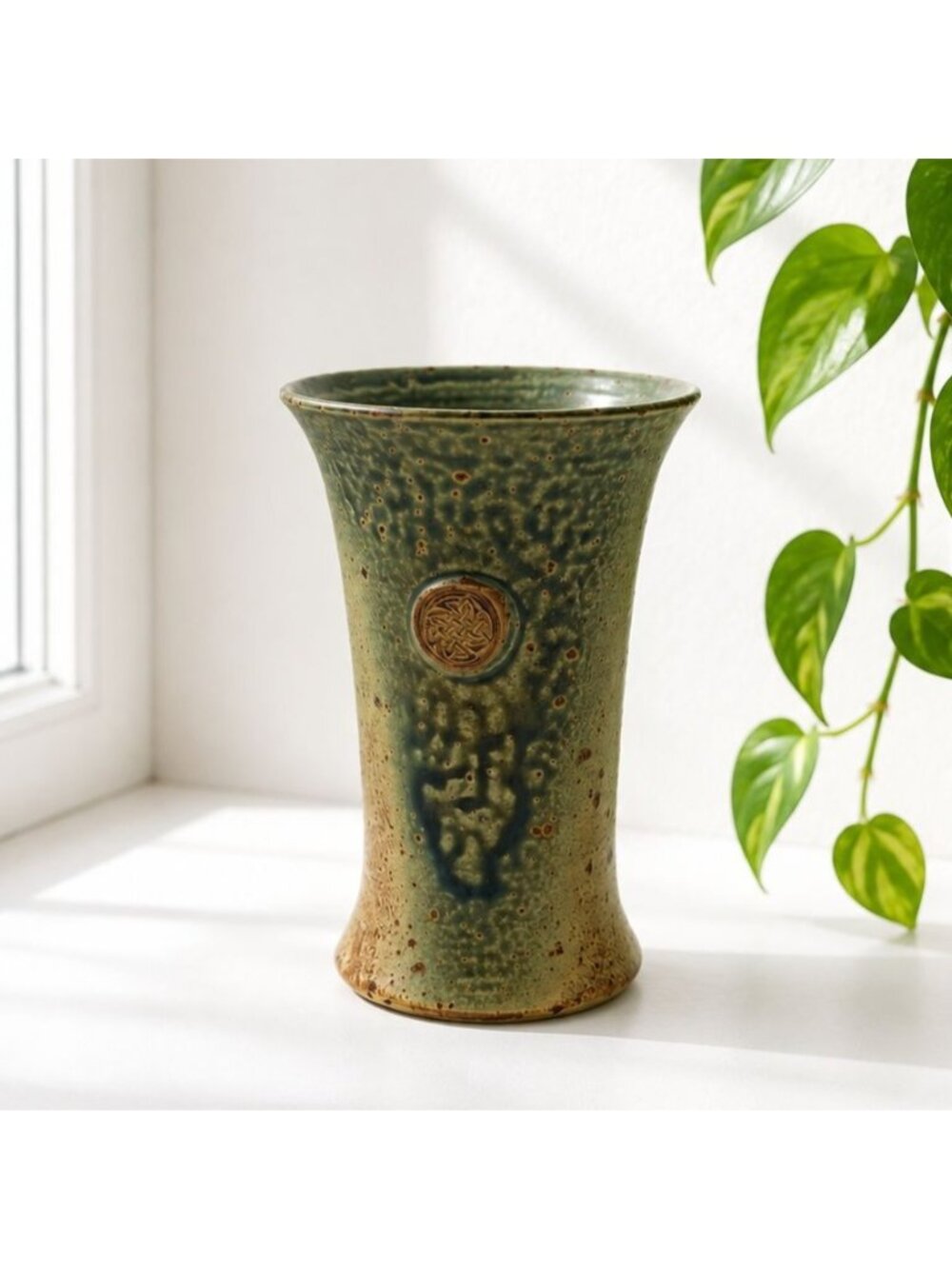 Handcrafted Green Ceramic Vase With Embossed Medallion - 6" Tall Textured Finish